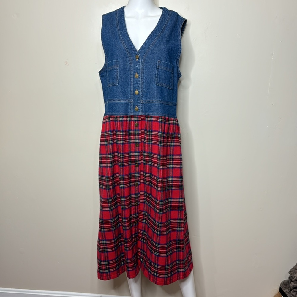 Vintage denim & red plaid long dress sz L
